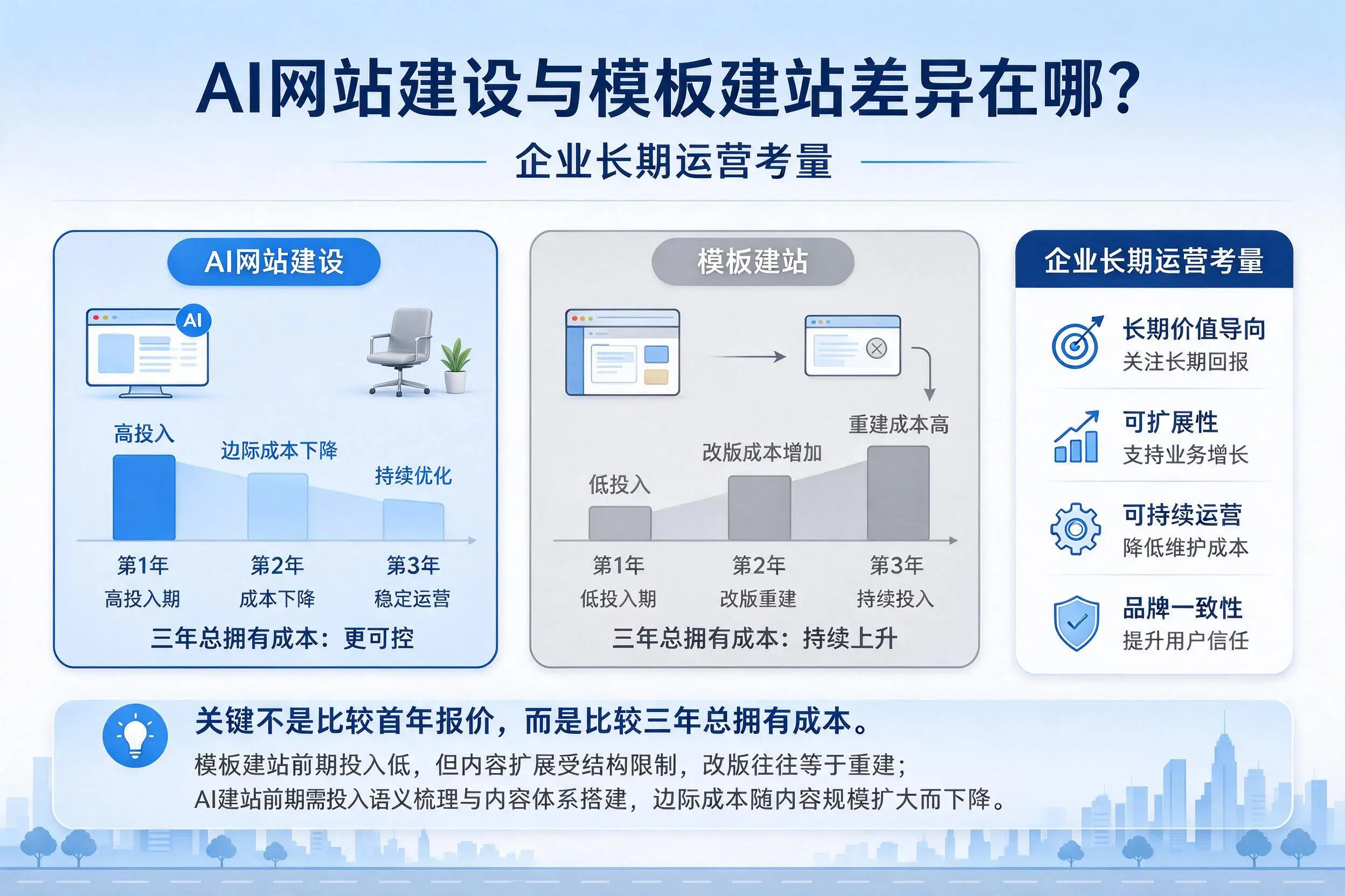 AI网站建设与模板建站差异在哪?北屯企业长期运营考量